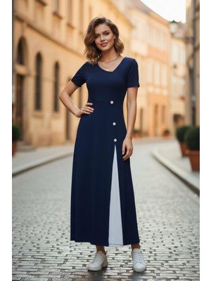 Mossta Asimetrik Yaka Düğme Detaylı Midi  Viskon Elbise - Lacivert