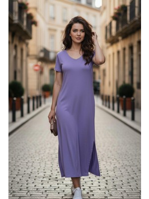Mossta V Yaka Yırtmaç Detaylı Kısa Kollu Maxi Elbise - Lila