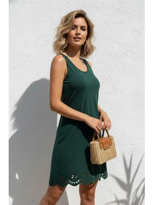 Mossta Etek Ucu Desenli Yuvarlak Yaka Mini Ithal Krep Elbise - Yeşil