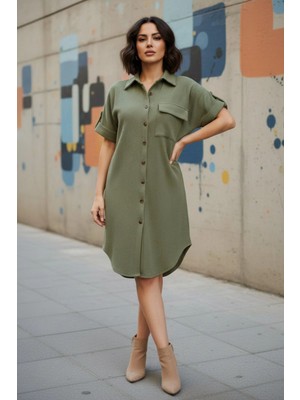 Mossta Kısa Kol Bürümcük  Düğmeli Rahat Kesim Gömlek Elbise - Yeşil