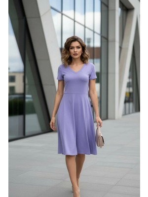 Mossta V Yaka Kısa Kollu A Kesim Midi Viskon Elbise - Lila