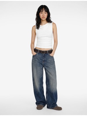 Koton Asimetrik Yaka Slim Fit Kolsuz Drapeli Bluz