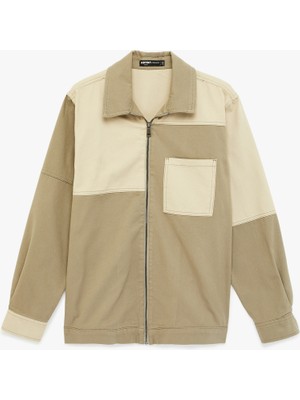 Koton Uzun Kollu Cepli Pamuklu Renk Bloklu Klasik Yaka Fermuarlı Gabardin Gömlek Ceket