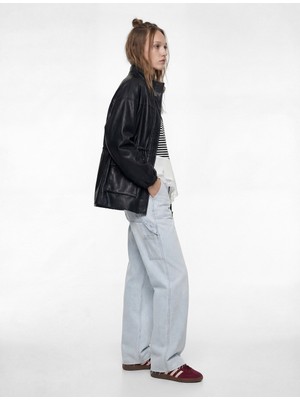 Koton Dik Yaka Cepli Fermuarlı Büzgü Detaylı Bağcıklı Suni Deri Ceket