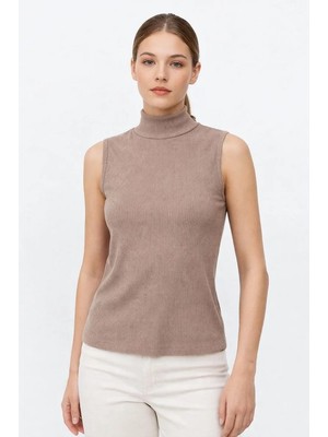 Mevese Mio Bej Kadın Yarım Balıkçı Yaka Fitilli Kaşkorse Atlet - Basic Slim Fit Bluz