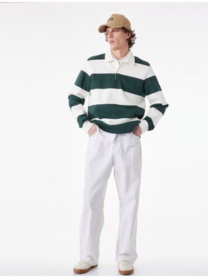 Koton Regular Fit Uzun Kollu Şardonlu Düğmeli Polo Yaka Çizgili Sweatshirt