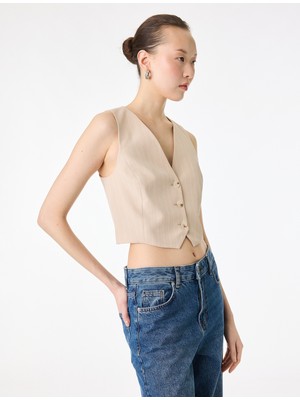 Koton Düğmeli Kruvaze Çizgili Blazer Yelek