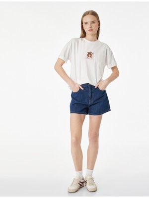 Koton Kısa Kollu Ayıcık Nakışlı Bisiklet Yaka Pamuklu Oversize Tişört