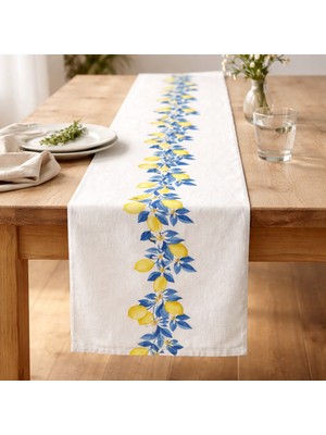 Solmia Home Amalfi Lemon Runner 35X140 cm Dijital Baskılı Duck Keten Masa Örtüsü – Limon Desenli Akdeniz Sofra Dekoru