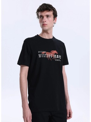 Mustang Bisiklet Yaka Baskılı Siyah Erkek T-Shirt M6SM-TST1605