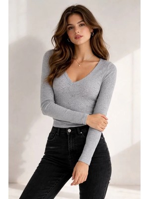 Mevese Rivenia Gri Kadın Fitilli Kaşkorse V Yaka Uzun Kollu Body Bluz - Slim Fit