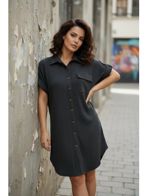 Mossta Kısa Kol Bürümcük  Düğmeli Rahat Kesim Gömlek Elbise - Siyah