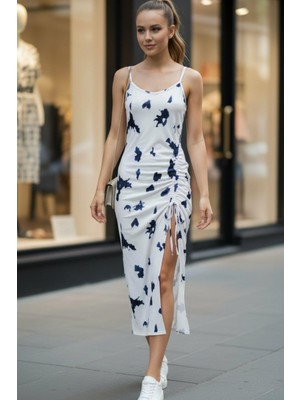 Mossta Ip Askılı Yandan Büzgü Detaylı Midi Süprem Elbise - Beyaz