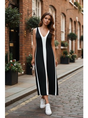 Mossta V Yaka Şerit Tasarımlı Viskon Elbise - Siyah