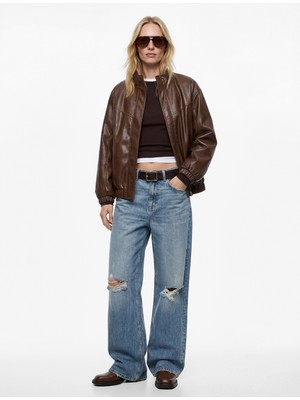 Koton Cepli Uzun Kollu Fermuarlı Dik Yaka Oversize Suni Deri Ceket