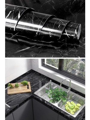 Mezigarc Kendinden Yapışkanlı Siyah Mermer Desenli Mutfak Banyo Tezgah Duvar ve Masa Kaplama 60CMX5MT