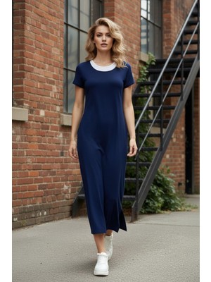 Mossta Kısa Kollu Yandan Yırtmaçlı Uzun Viskon Elbise - Lacivert