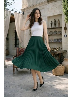 Mevese Vantre Yeşil Kadın 90 cm Saten Kumaş Pliseli Midi Etek Şık ve Zarif Tasarım Belden Lastikli