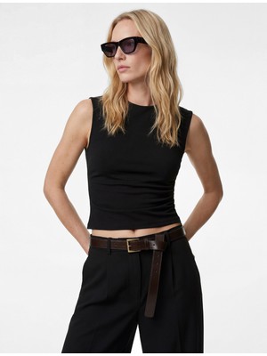 Koton Krep Scuba Kumaş Slim Fit Bisiklet Yaka Kolsuz Drape Detaylı Bluz