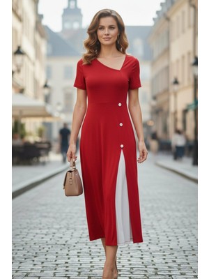Mossta Asimetrik Yaka Düğme Detaylı Midi  Viskon Elbise - Kırmızı