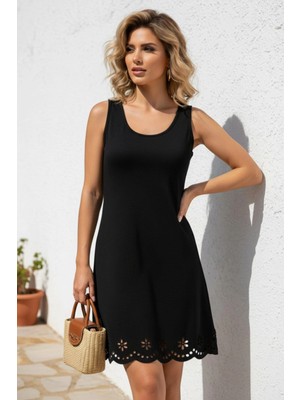 Mossta Etek Ucu Desenli Yuvarlak Yaka Mini Ithal Krep Elbise - Siyah