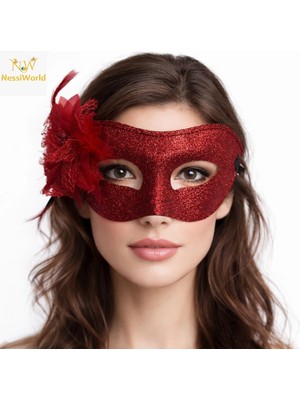 Pazarcan Mey Ithalat® Kırmızı Simli Tüylü Balo Maskesi – Kadın Parti &amp; Maskeli Balo Maskesi