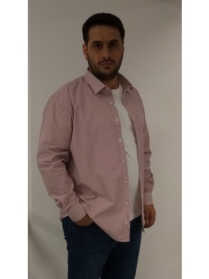 Tousus Büyük Beden Bordo Çizgili Erkek Gömlek Uzun Kol Günlük Stil  Pamuk
