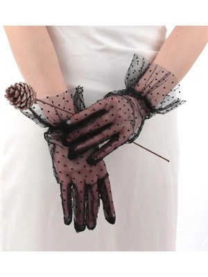 Pazarcan Mey Ithalat® Kısa Boy Güpürlü Siyah Puantiyeli Tül Eldiven Siyah Renk
