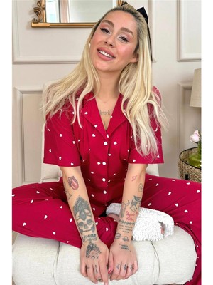 Pijama Evi Bordo Heart Desenli Bambu Önden Düğmeli Kısa Kol Pijama Takımı