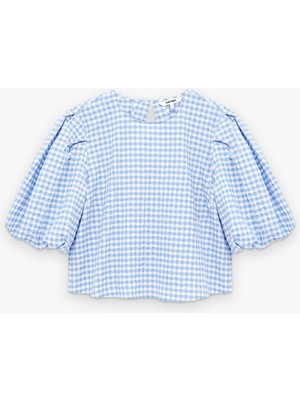 Koton Bol Kalıp Bisiklet Yaka Kısa Balon Kollu Pötikareli Bluz