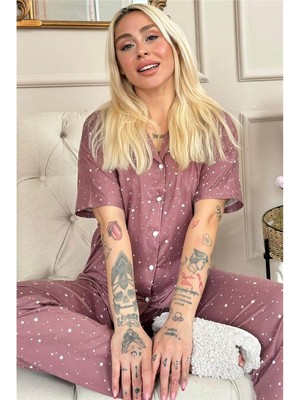 Pijama Evi Koyu Pembe Mini Yıldız Desenli Bambu Önden Düğmeli Kısa Kol Pijama Takımı