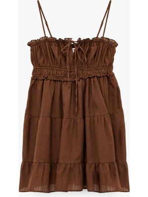 Koton Büzgülü Bağcıklı Yaka Askılı Katlı Mini Elbise