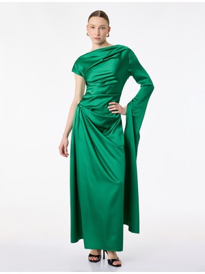 Koton Kayık Yaka Tek Yarasa Kol Drapeli Uzun Abiye Elbise