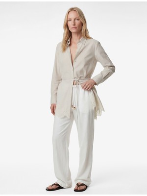 Koton Dantel Detaylı Uzun Kollu Kemerli Çizgili Tunik Gömlek