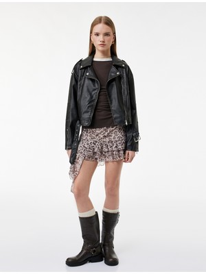 Koton Uzun Kollu Fermuarlı Kemerli Suni Deri Biker Ceket