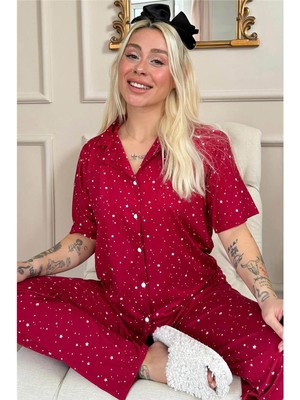 Pijama Evi Bordo Mini Yıldız Desenli Bambu Önden Düğmeli Kısa Kol Pijama Takımı