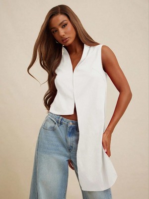 Afri Kadın Beyaz Tek Tarafı Uzun Tasarım Yelek - Asimetrik Kesim Şık Bluz