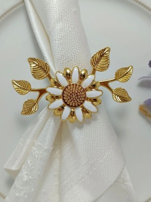 Alfafe Home 6'lı  Gold Kaplama Beyaz Mineli Yapraklı  Papatya Halka Peçete Yüzüğü