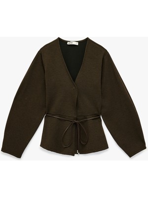 Koton Slim Fit Uzun Kollu Peplum Kesim Kemerli Hırka