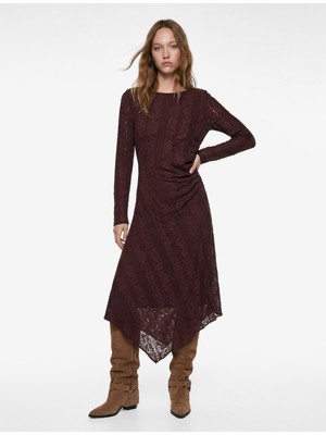 Koton Uzun Kollu Bisiklet Yaka Drapeli Asimetrik Midi Dantel Elbise