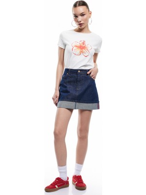 Koton Pamuklu Katlı Cepli Düğmeli Rahat Kalıp Çizgili Denim Mini Etek