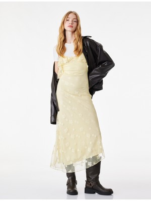 Koton Asimetrik Kesim Fırfır Detaylı Ip Askılı Uzun Çiçekli Tül Elbise