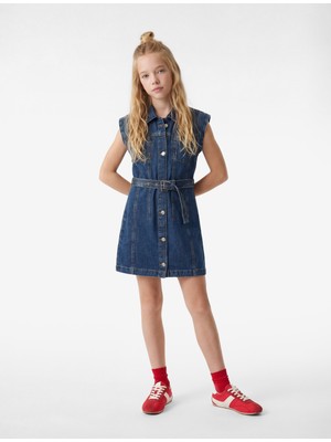 Koton Pamuklu Kolsuz Kuşak Detaylı Gömlek Yaka Denim Elbise