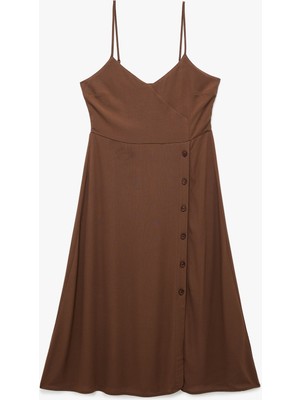 Koton Ip Askılı Düğmeli V Yaka Viskon Midi Elbise