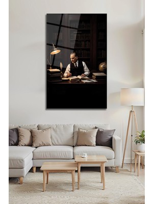 BG Design Mustafa Kemal Atatürk Çalışma Masasında Kütüphane Konseptli Dekoratif Cam Tablo