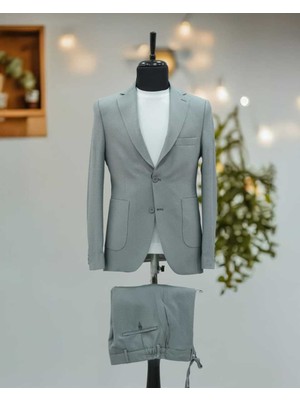 Beystil Sivri Yaka Gri Spor Casual Jogger Takım Gofre - Slim Fit