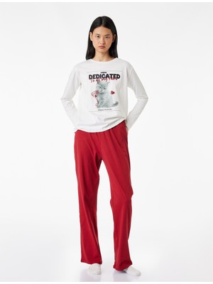 Koton Pamuklu Uzun Kollu Bisiklet Yaka Kedi Baskılı Pijama Takımı