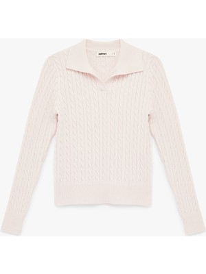 Koton Uzun Kollu Polo Yaka Saç Örgü Kazak