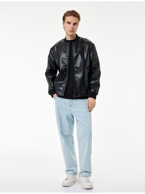 Koton Regular Fit Fermuarlı Cepli Kolej Yaka Bomber Suni Deri Ceket