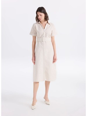 Fabrika Kaçık Yaka Çizgili Beyaz - Bej Maksi Kadın Elbise F6SL-ELB0365